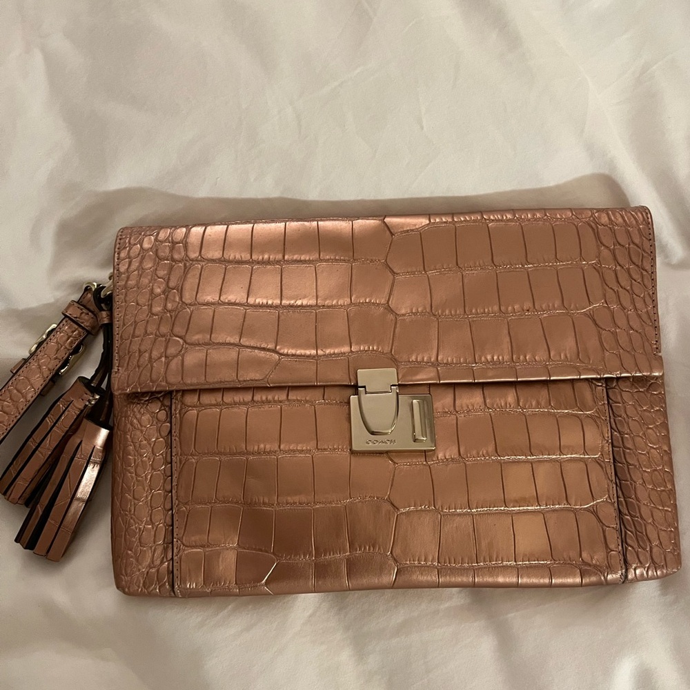 Coach metallic croc embossed clutch with tassel